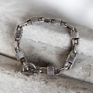 Vintage 925 Mexico sterling silver unique oval link chain toggle bracelet 7 in